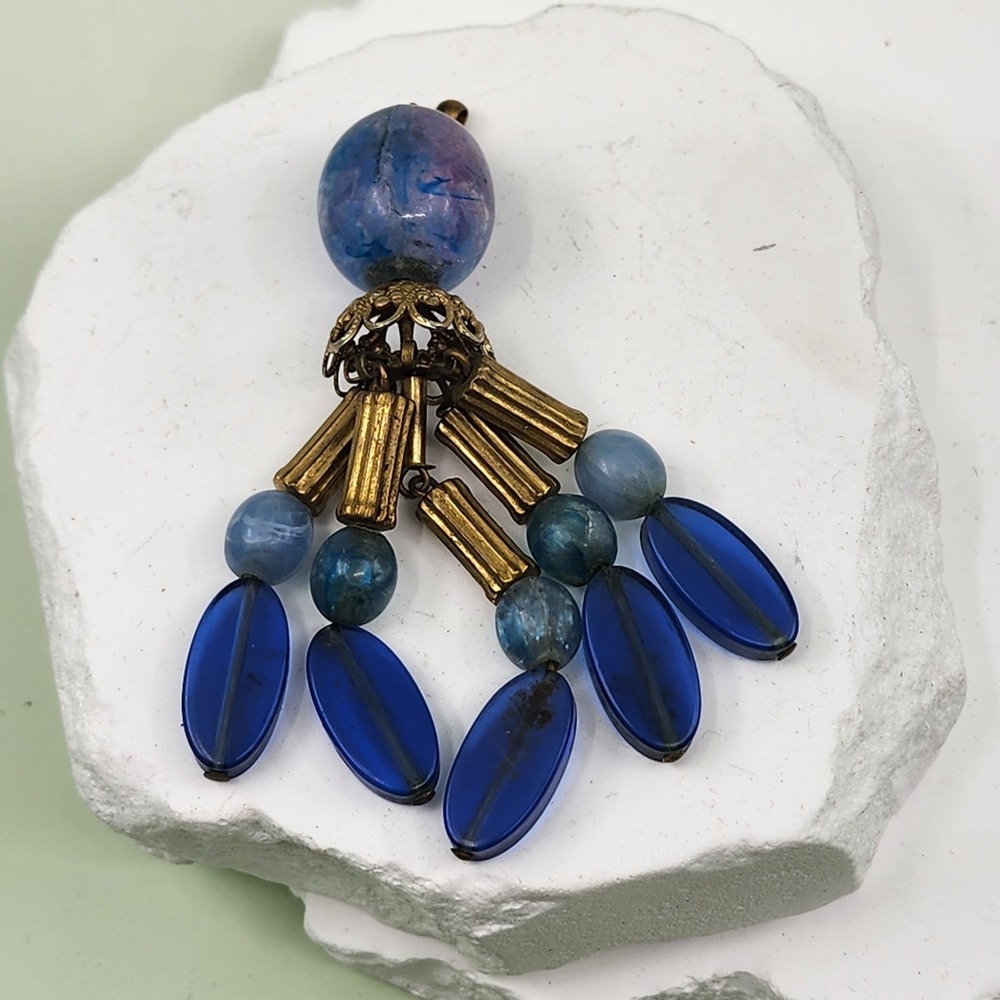 Blue Glass Bead Tassel Pendant Brass Tone Vintage Boho Artisan Statement Charm